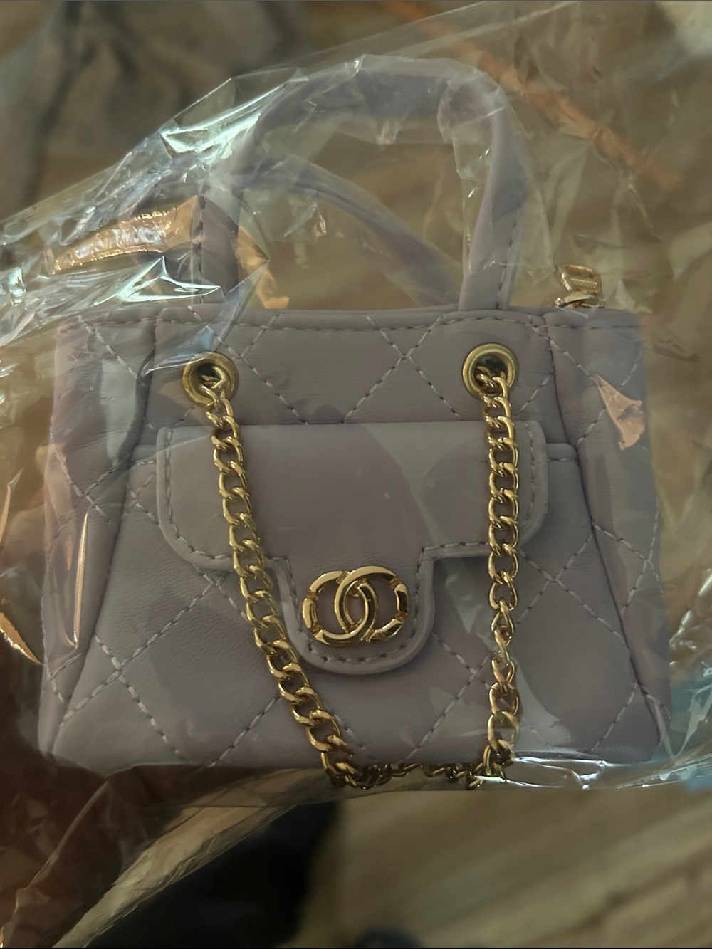 Quilted Mini Bag Charm with Gold Chain